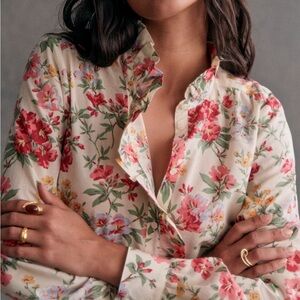 Sezane Floral Button Down Shirt - Red and Green Florals